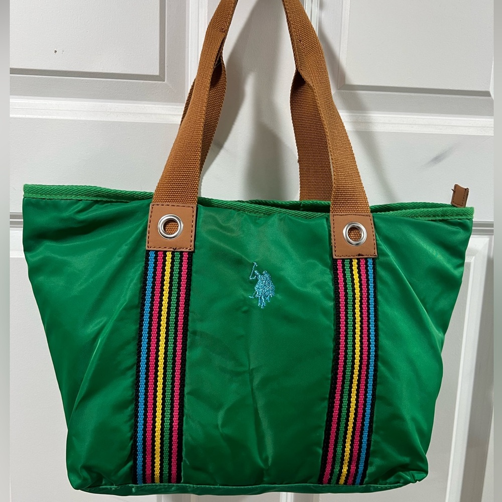 US Polo ASSN. Green Tote Bag with Rainbow Straps